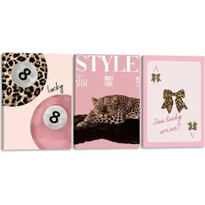 3 PCS Pink Leopard Bow Canvas Wall Art Fashion Cheetah Painting Poster Lucky 8 Ball Wall Decor Pink Print Pictures for Girls Bedroom Living Room Home Decoration 12*16 in ( Stretched Canvas on A Wooden Frame)