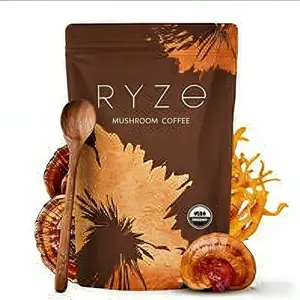 RYZE SUPERFOODS Mushroom Medium Roast Coffee USDA Organic with 6 Adaptogenic Mushrooms, USA Grown Instant Coffee for Better Energy, Focus Digestion Immunity with Lions Mane & Turkey Tail 30 Servings