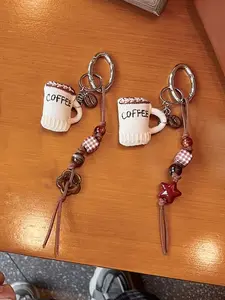Vintage Coffee Cup Keychain, Cozy Keychain, Cute Keychains, White Knitted-Pattern Cup Body With Plaid Bead Decorations, Comes With Rose/Star Charms, Brown-Toned Accessory, Suitable For Work Bags/Car Keys, Perfect For Coffee Lovers And Girls' Style