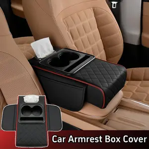 5 in 1 Multifunctional Car Armrest Box Cushion with Phone Cup Holder & Tissue Box Auto Arm Rest Support Cushion Leather Protector Interior Accessories for Enhanced Comfort