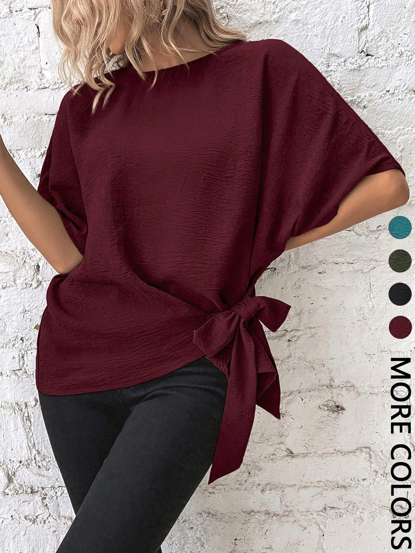 Chic Basic Knot-Front Short Sleeve Crewneck Batwing Oversized Loose Fit Blouse Casual Crewneck Shirt for Vacation Daily Casual Outfits Tops