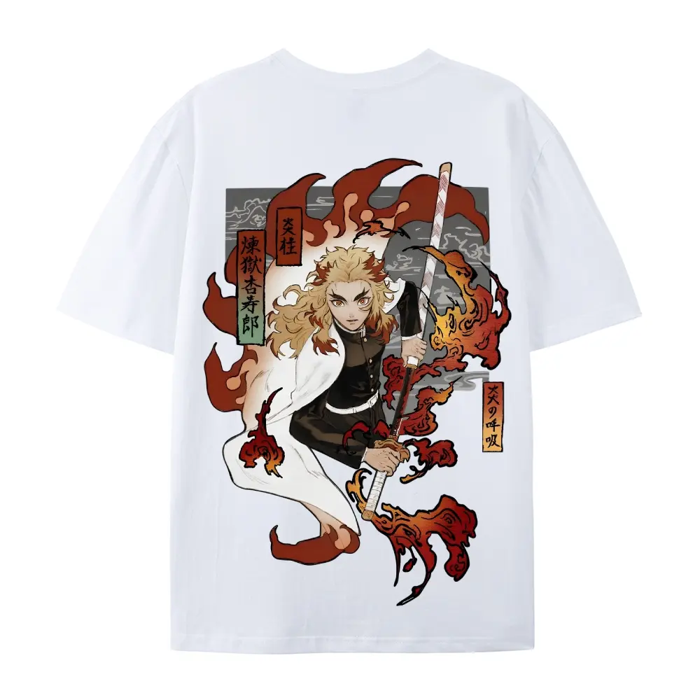 Menswear Round Neck Short Sleeve Demon Slayer Rengoku Kyojuro Flame Hashira Anime Cotton T-Shirt, Unisex Streetwear Top, Couple Gift, Shortsleeve, Fashion