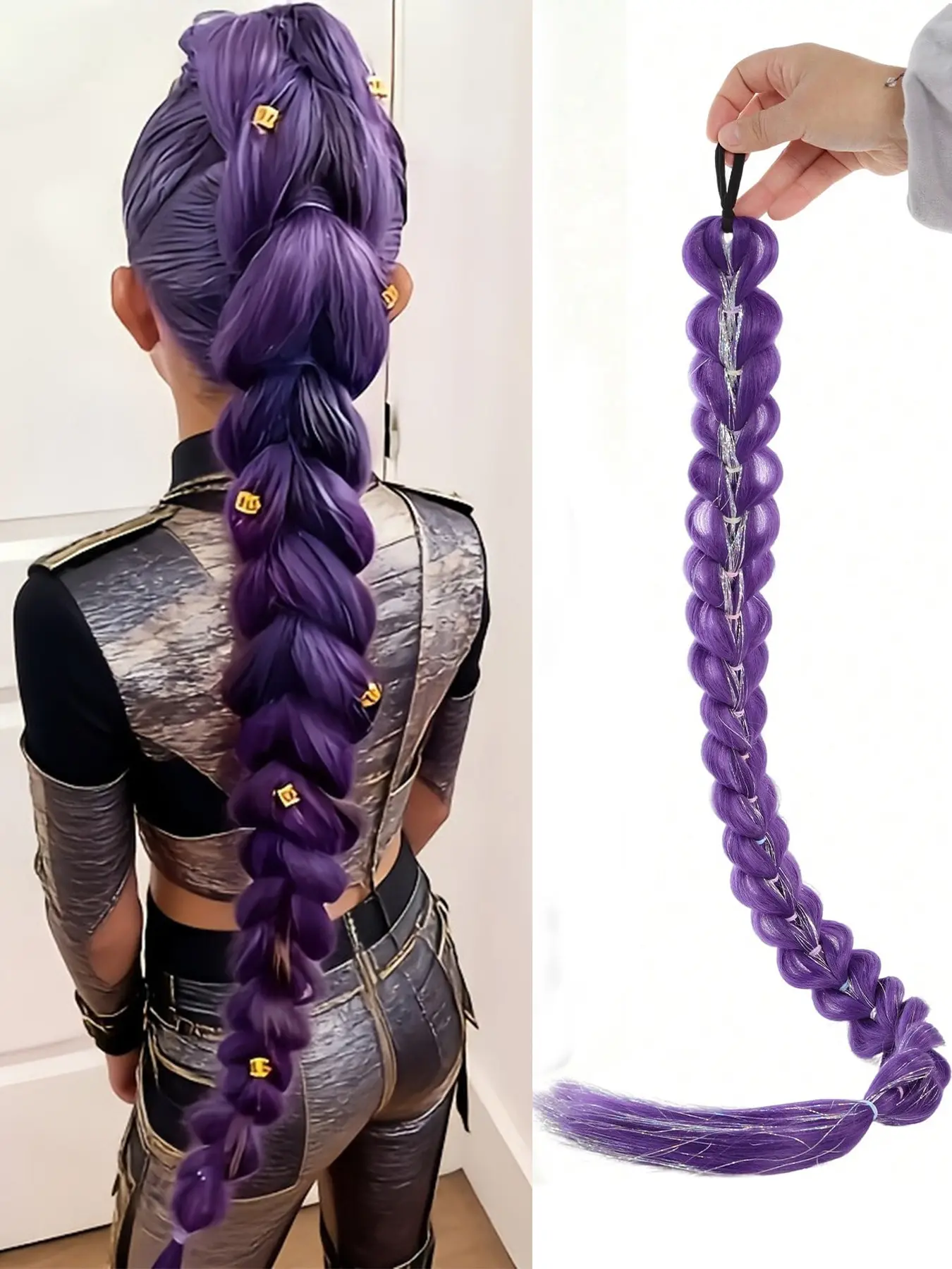 28 Inch Purple Women's Synthetic Braided Wig | Heat-resistant Fibers with Elastic Ponytail and Sparkling Colorful Ribbon, Perfect for Girls' Christmas Role-playing Kpop Anime Character Purple Wig