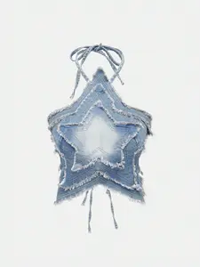 American Retro Aesthetic Gradient Denim Halter Top, Slim-Fitting Design, Sweet Y2K Style
