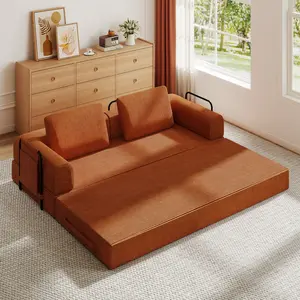 79" Oversized Boneless Sleeper Sofa: 5-in-1 Convertible Couch Bed with Fixed Frame & Cylindrical Pillow. Ultimate Foldable Corduroy Futon for Living Room & Studio (Orange)