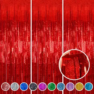 Red Foil Fringe Curtain Father's Day Decorations 3 Pack 3.2 x 8.2 ft Shiny Tinsel Backdrop for Birthday Party Photo Booth Background Red Streamers Decor Cinco De Mayo Decorations