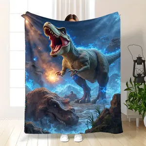 1pc Soft Flannel Throw Blanket - Cozy 3D Dinosaur Print (T-Rex, Stegosaurus, Pterodactyl, Blue Flame Design) - Lightweight Warmth, Bed/Sofa Use, Room Decor Camping Gift for Adults
