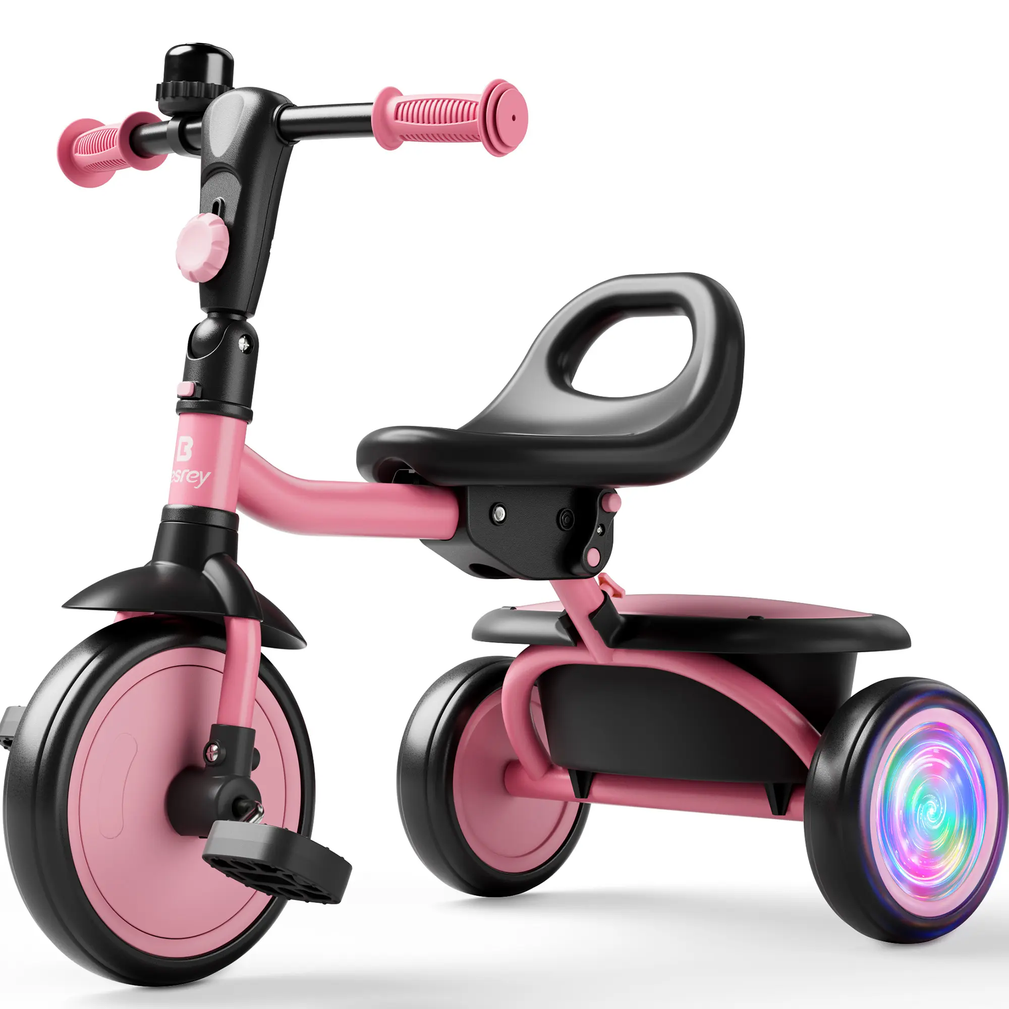 Besrey Toddler Tricycle for Ages 18 Months-5 Years, Pink Ride-On Toy with Flash Wheels, Bell, Motion-Activated Function, Backrest for Convenience & Fun