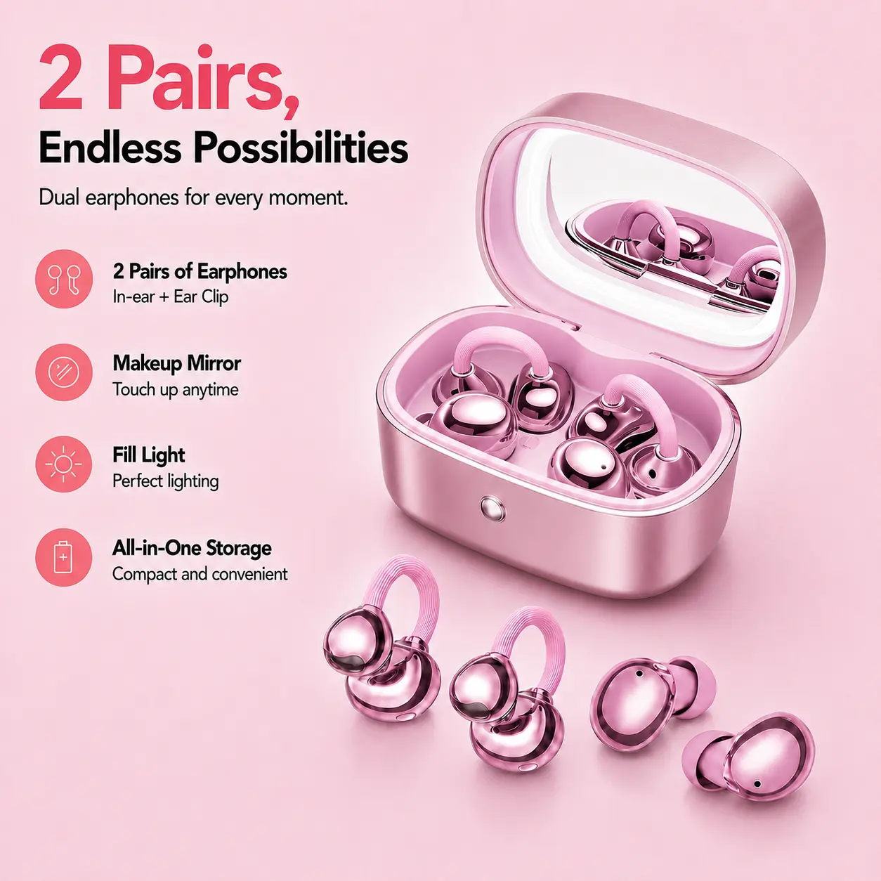 M195 2-in-1 Wireless Earbuds, One Case with In-Ear & Clip-On Earbuds, Beauty Mirror with Built-in Fill Light, Jewelry Box Design, Bluetooth 6.0, Hi-Fi Stereo Sound, IP67 Waterproof, Stylish Gift for Women & Girls, Compatible with Android & iOS