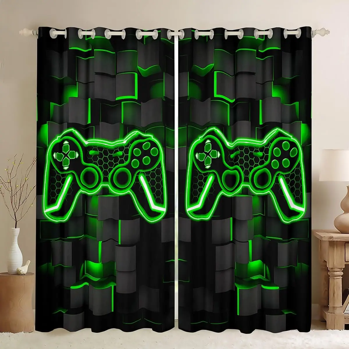 Feelyou Gamer Curtains - Boys Game Controller Themed 30%-50% Blackout Grommet Drapes, 2-Panel Green Black Home Decoration Curtains, Privacy Window Treatments, Ideal Gaming Gifts, Home Decoration Curtain