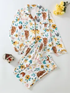 Women's Leopard Print Floral Button Front Pocket Shirt & Pants Pyjama Two-piece Set, Elegant Comfy Long Sleeve Top & Trousers PJ Set, Ladies Sleepwear for All Seasons Pajama Set