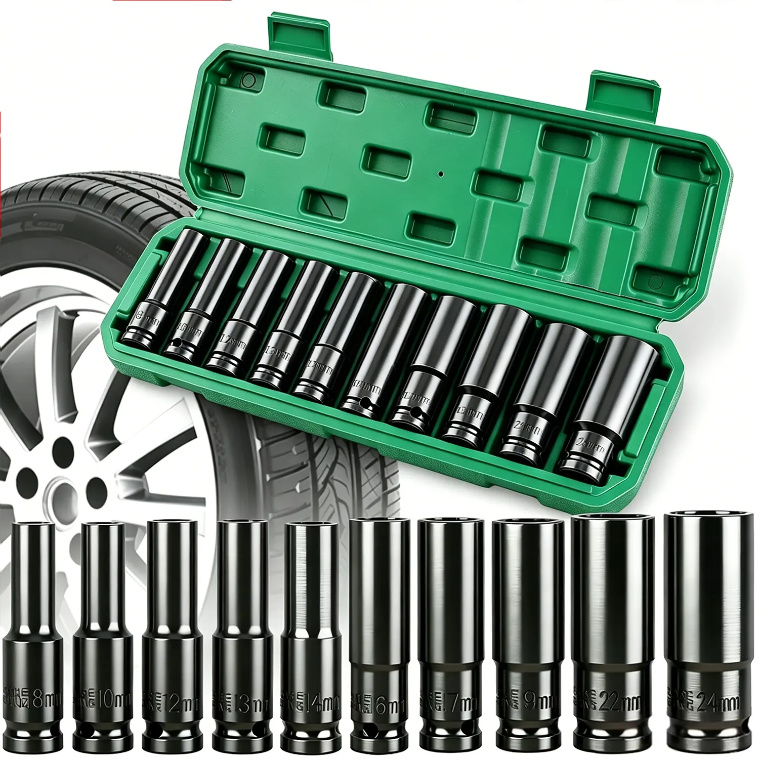 11-Piece Carbon Steel Impact Sockets Set, 1/2 Drive Hex Socket Kit with Case, 10-24mm Metric Sizes, Compatible with Electric Drills