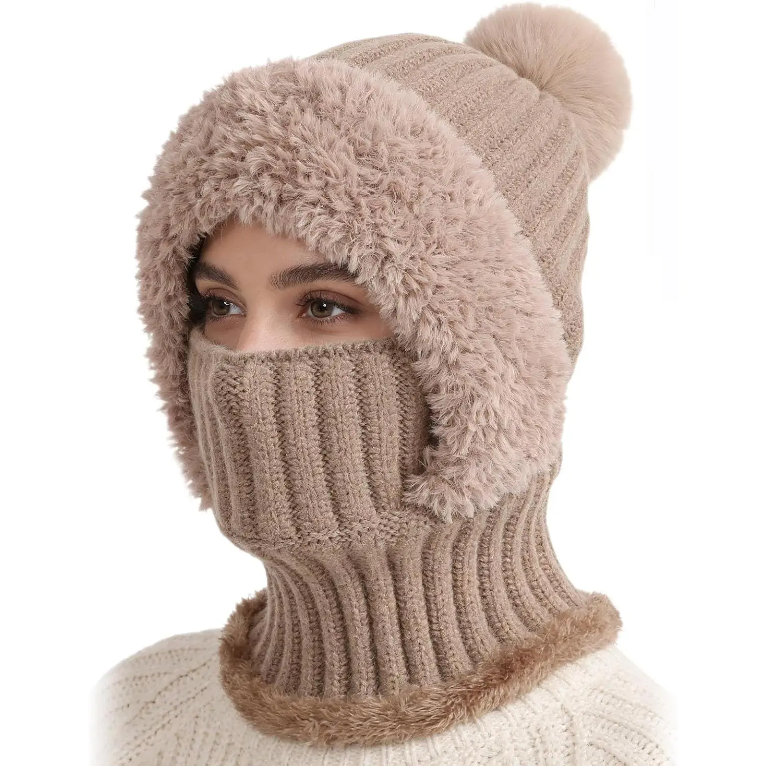 3 in 1 Beanie Hat  Women, Knitted Balaclava Hats,with Scarf and Mask,Face Mask Neck Scarf Set