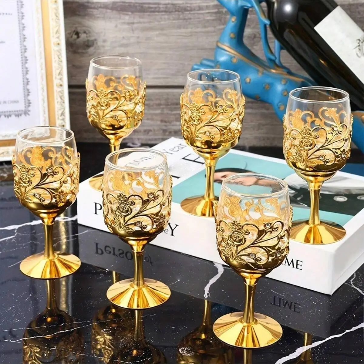 6-Piece Elegant Highball Glasses Set, Vintage European Style, Perfect for Parties and Weddings, Reusable, Hand Wash Only, Floral Design, Vintage Embossed Goblets