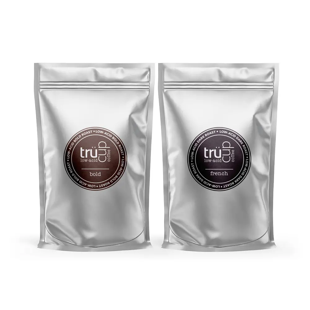 trücup Coffee Roasters Low-Acid Ground Coffee Sample Pack - Dark Side Bold/French Roast Drip Grind, 6 oz (2 3 oz Samples), Stomach-Friendly Cupboard-Storage Natural Fat-Free Low-Acid Beverage Brew