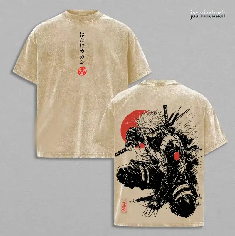 Kakashi Hatake T-Shirt, Naruto Anime Vintage Washed Tee, Sharingan Ninja Graphic Shirt, Oversized Japanese Streetwear, Dark Aesthetic Manga Top, Unisex Casual Anime Fashion