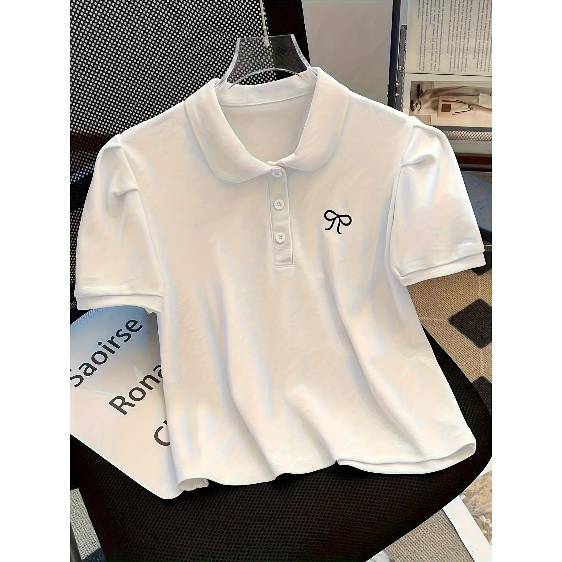 Teen Short-Sleeve Embellished Collar Shirt with Butterfly Embroidery - School Uniform Blouse for Spring Summer Fall, Machine Washable Teen Girl Clothing (No Chest Pads)