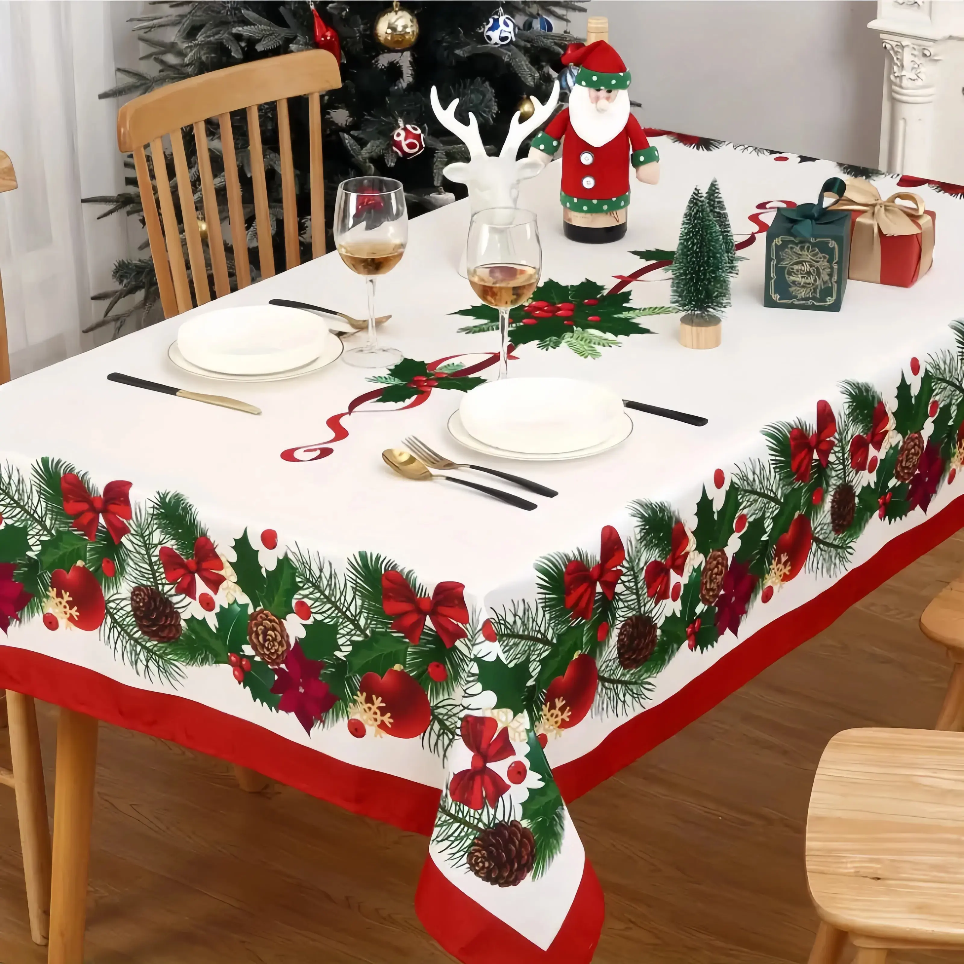 Washable Polyester Christmas Rectangular Tablecloth – Easy-Care Holiday Dining Décor for New Year Parties & Dinners
