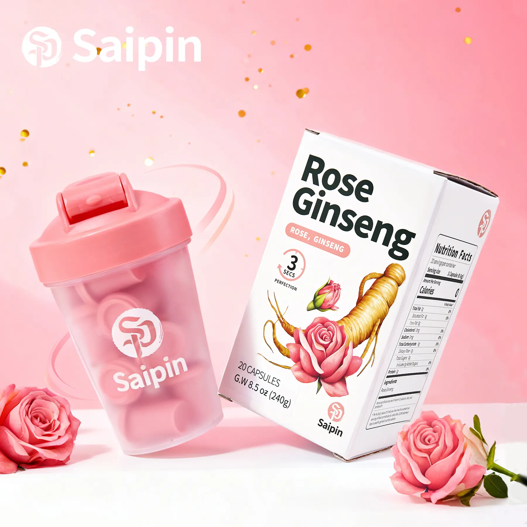 Rose Herbal Drink Mix (Caffeine-Free) | Ginseng Tea Powder | Instant Drink | Sugar-Free | 20 Servings + Free Shaker | Great Value