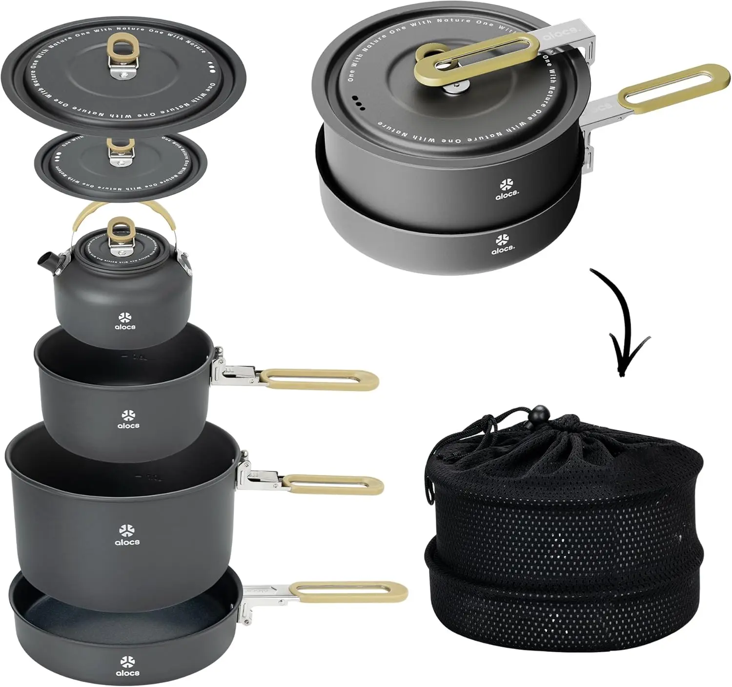 ALOCS Camping Cookware Set - Lightweight Camping Pots and Pans - Portable Outdoor Cookware with Kettle - Camping Cookware Mess Kit for 2