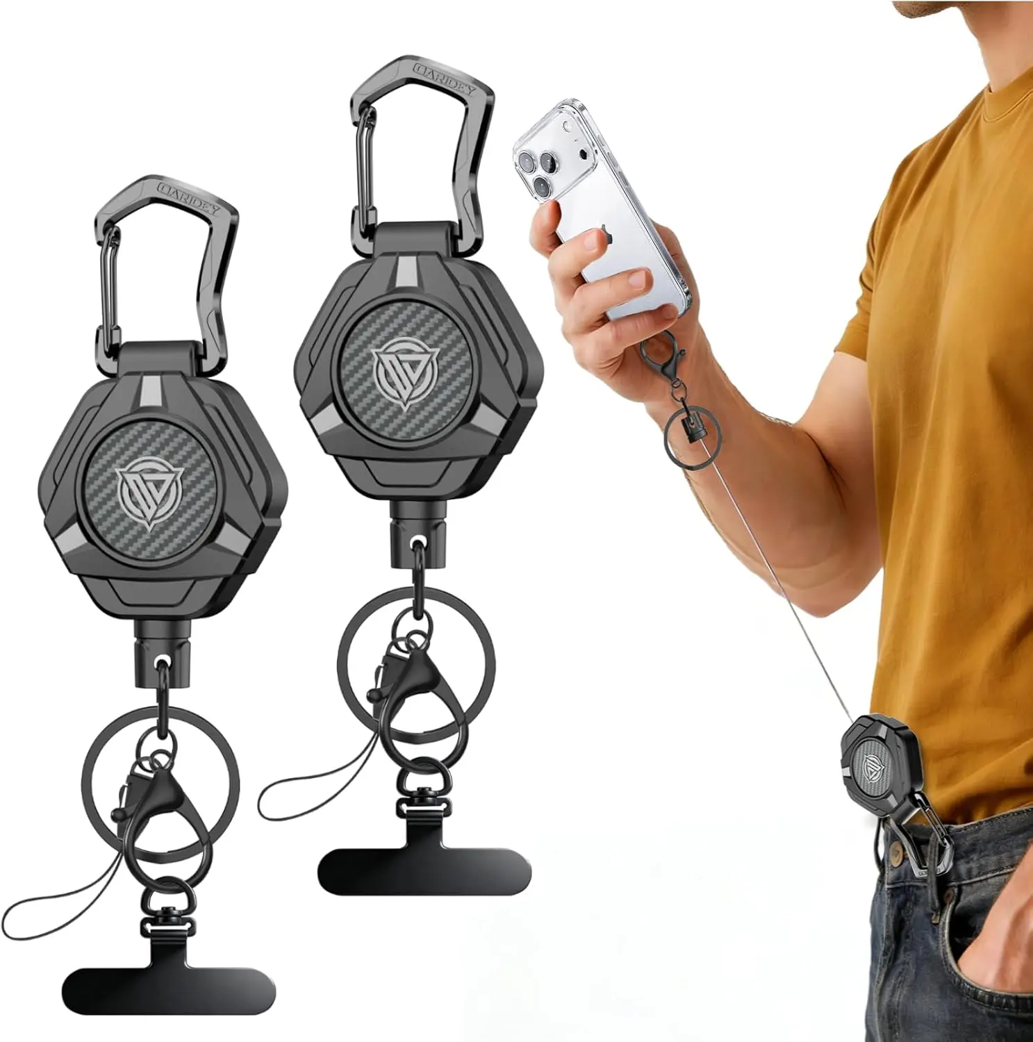 Magnetic Anti Theft Phone Strap, Retractable Steel Cell Phone Lanyard with Heavy Duty Carabiner and 360° Metal Phone Tether Tab For Skiing, Hiking, Fishing, Concert and Traveling, 2 Packs