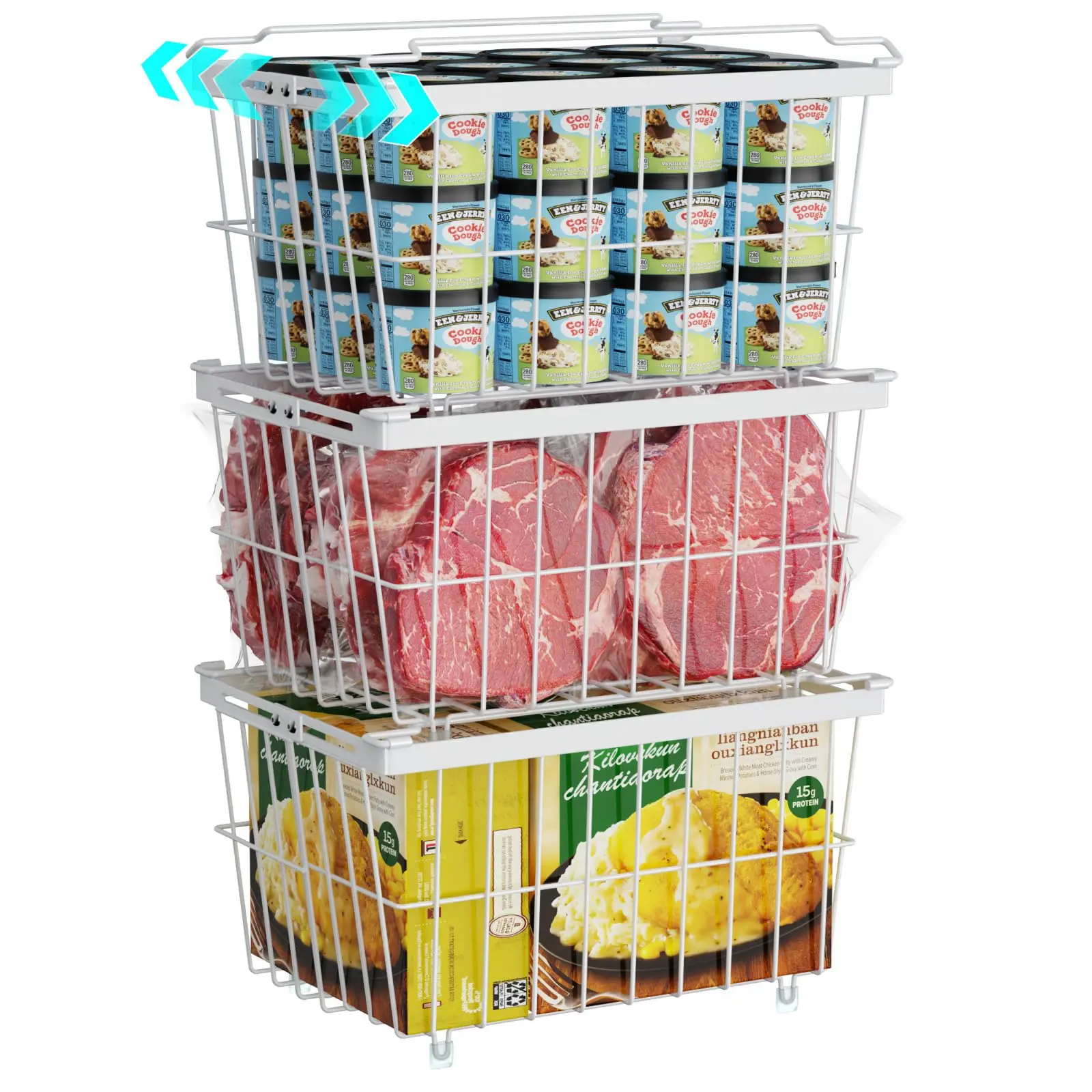 Deep Freezer Organizer Bins, 3 Pack Expandable Freezer Baskets for 5 to 7 Cu.ft Chest Freezers, Stackable Metal Wire Storage Bins with Handles Easy Access Food, Scratch Resistant, White