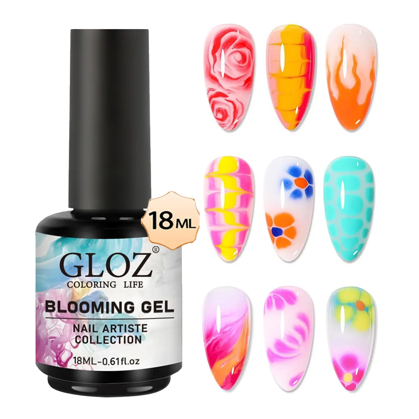 GLOZ Clear Blooming Gel Nail Polish 18ml, Manicure Gels, Nail Care, UV/LED Soak Off Blossom Gel for Watercolor Floral Spreading Effect, DIY Manicure Art Design Flower