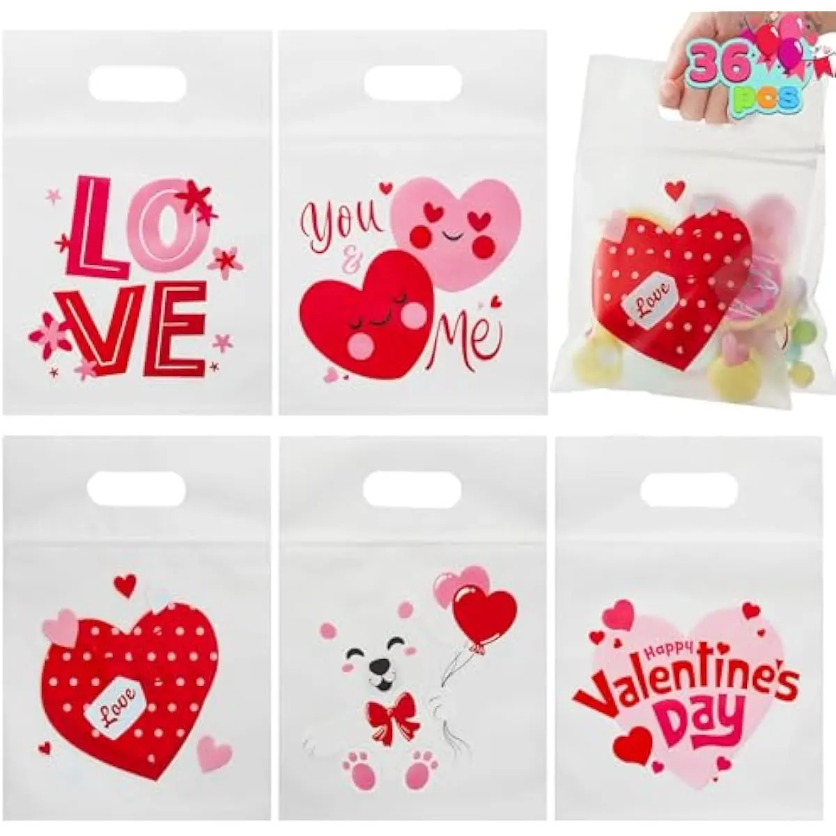 36 Pcs Valentines Day Cellophane Gift Bag, Candy Treat Bags,Goodie Bags with 6 Designs for Kids Party Favor Supplies, Classroom Exchange Prizes