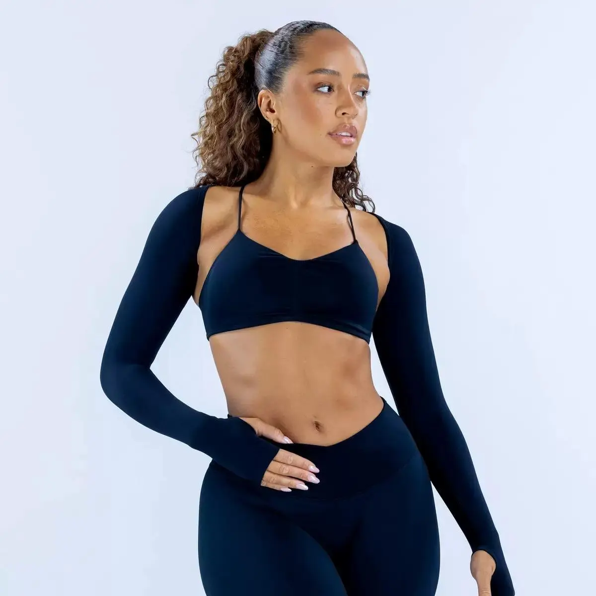 Women's 3-Piece Seamless Workout Set - Fitted Halter Sports Bra, Thumbhole Shrug & V-Waist Leggings, Quick-Dry Yoga Activewear