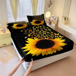Black background sunflower butterfly theme Fitted Sheet Set,Includes 1 Fitted Sheet & 2 Pillowcases without Filler,Combining butterflies with sunflowers,Fresh and vibrant colors,Soft and comfortable bedding gift for children and teenagers' bedrooms.