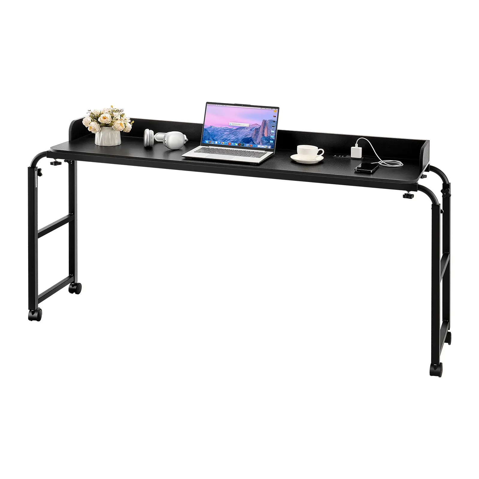 VEVOR Overbed Table - Multi Functional Steel Frame Desk, Mobile Home Office Furniture with 4 Wheels (2 with Brakes), Power Socket, Adjustable Tabletop Bedroom Furniture, Universal Fit Rolling Laptop Desk, Black, Multi Functional Desk, 66Lb