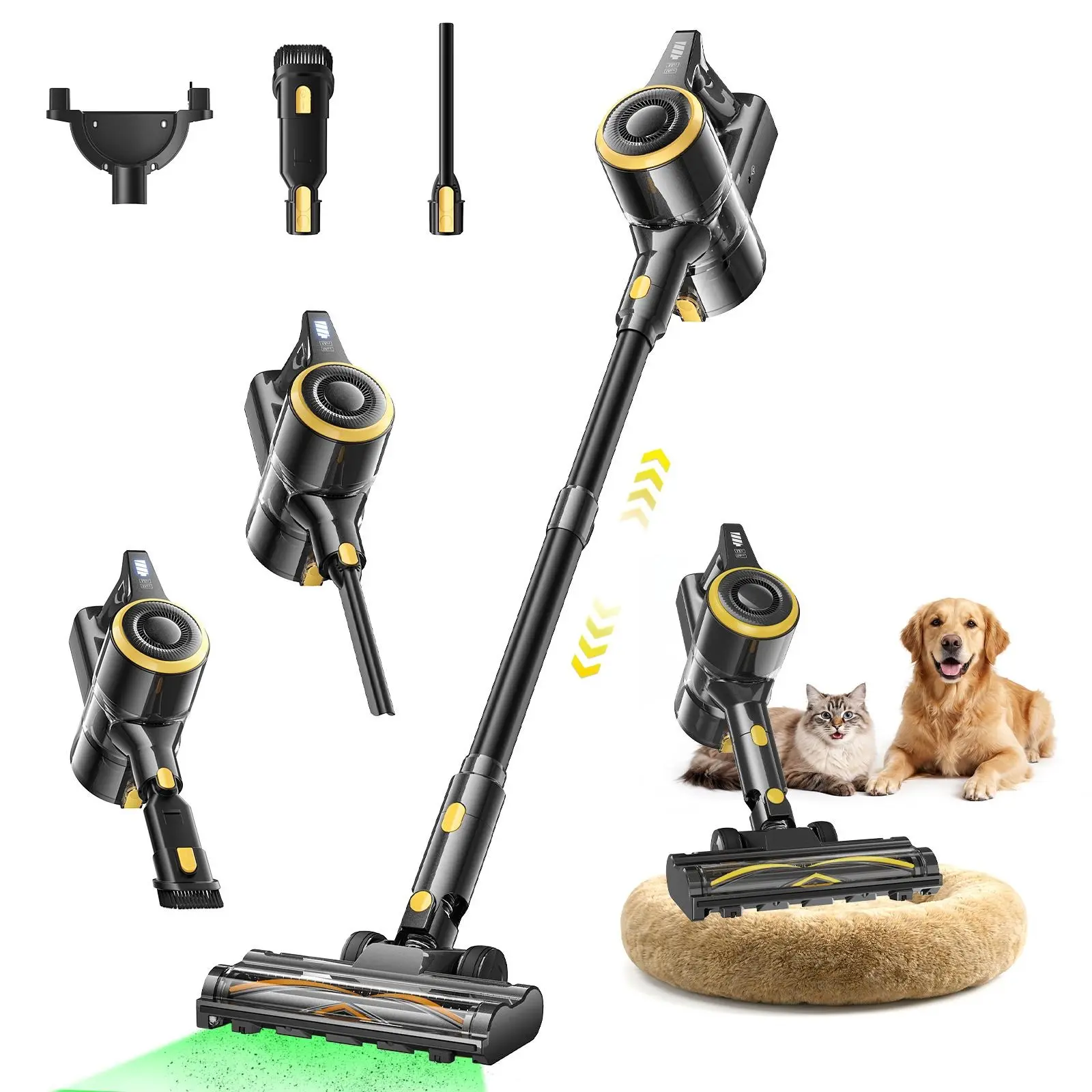 Cordless Vacuum Cleaner for Home with 12KPa Strong Suction, 30-Minute Runtime, Green LED Headlight & Lightweight Design for Hardwood Floors, Carpets and Pet Hair