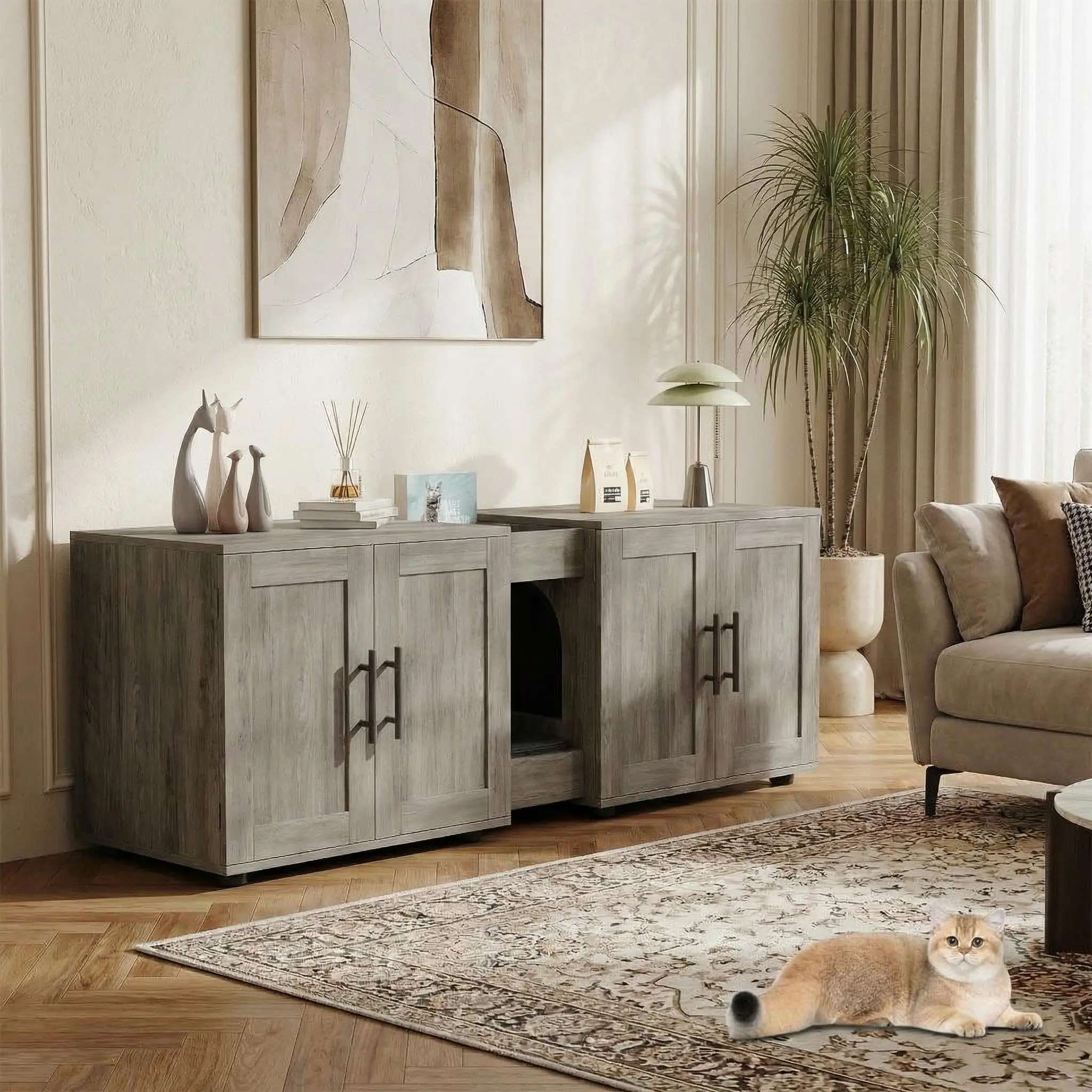 Garvee 55" Double Litter Box Enclosure for 2 Cats, Featuring Waterproof Easy-Clean Surface, Cabinet Buckles, Storage Grooves, and Suitable for Living Room Furniture Decoration in Brown or Grey