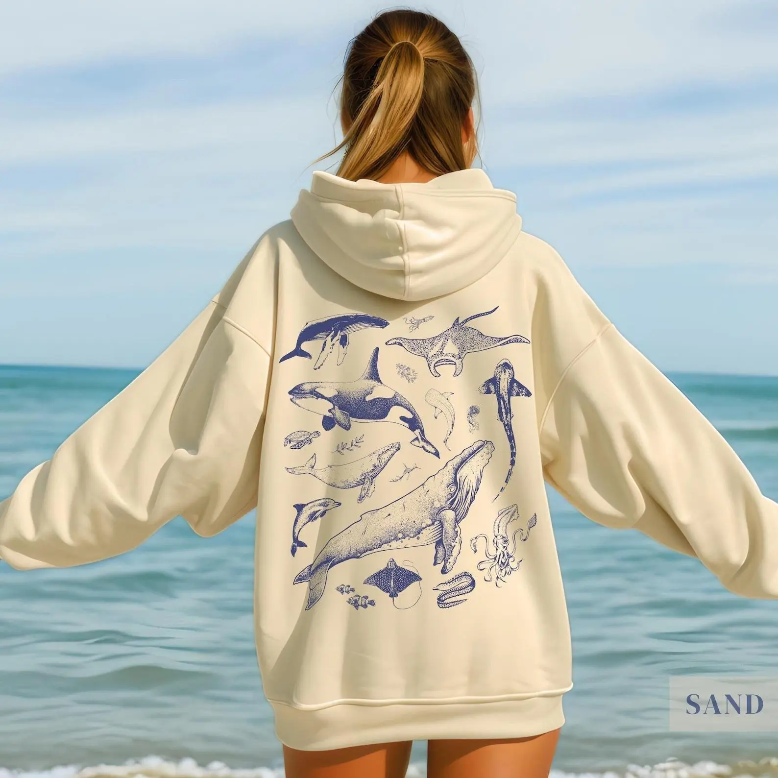 Underwater Sea Animal Vintage Hoodie, Gift For Marine Biologist, Ocean, Sealife, Nature Lover , Oceancore Humpback Orca Jellyfish Pullover Hoodie