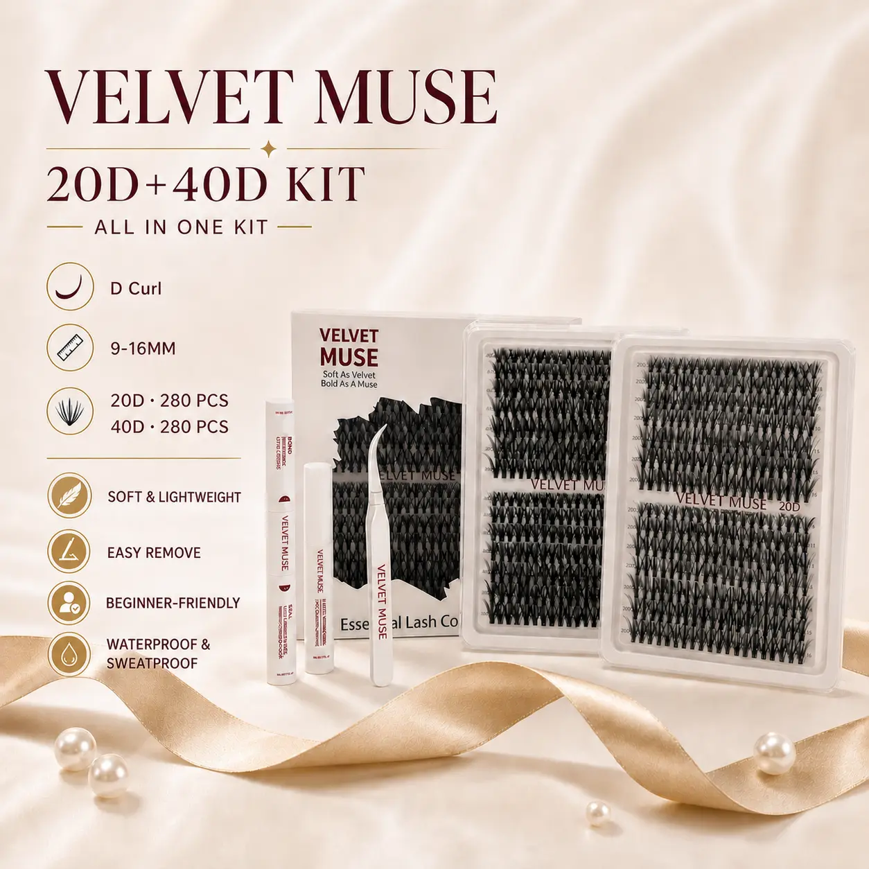 VELVET MUSE 20D+40D KIT, 60D+80D , 30D KIT, 40D, Natural Looking Long Lasting Beginner Friendly Eyelashes with Bond & Seal Remover, Extensions at Home