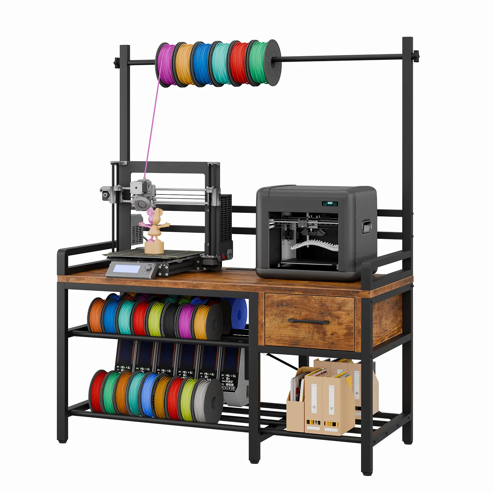 3D printer stand with filament storage – heavy-duty metal 3D printer table with drawers and power hub, suitable for workshops, studios, and offices.