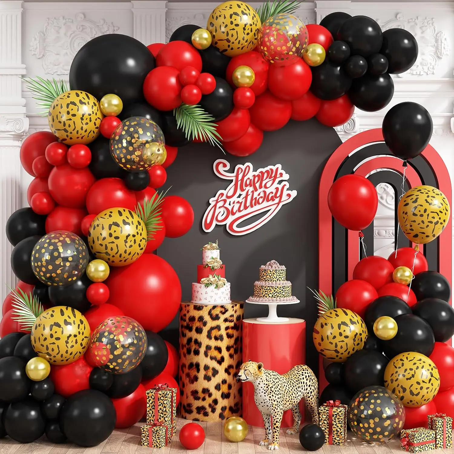 Red and Black Cheetah Print Balloons Arch Kit, Black Red Balloons Garland with 4D Foil Cheetah Balloon for Women Leopard Party Decor Baby Shower Bachelorette Girls Night Decorations