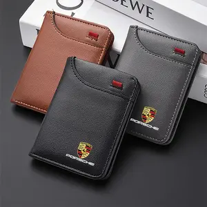 PU Leather Mini Credit Card Purse, Portable Wallet for Porsche Cayenne Panamera Macan 911 Taycan Boxster Cayman 918 Pajun, Auto Emblem Accessory