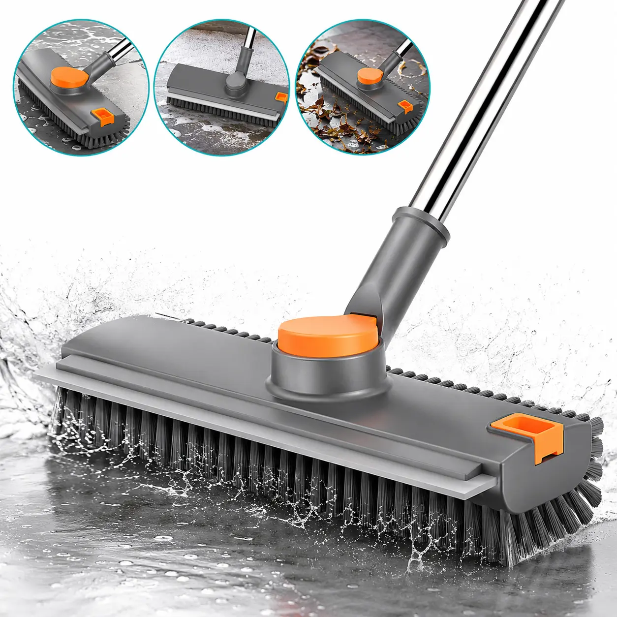 52-in 2026 Upgraded 3-in-1 Ergonomic Handle Cleaning Set - Push Broom, Rotating Broom, Stiff Bristles, Rubber Grout Tile Brush, Stainless Steel Telescopic PVC Tool for Bathroom, Garage, Kitchen