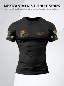 Men's New Round Neck Short Sleeve T-Shirt, Mexican Emblem Print, Patriotic Original Design, Polyester Knit Fabric, Loose Fit, Streetwear Casual Wear, Fashion, Menswear