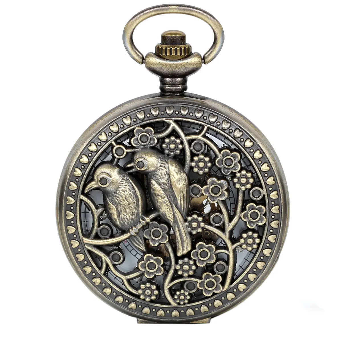 OIDEA Mechanical Engraved Statement Pocket & Fob Watch, Hand-Wound Copper-Tone Timepiece with Fob Chain, Hand-Engraved Hollow Bird Motif, Alloy Openwork Case, Vintage Unisex Fashion Accessory, Gift for Watch Enthusiasts, Engraved Statement Pocket & Fob Wa