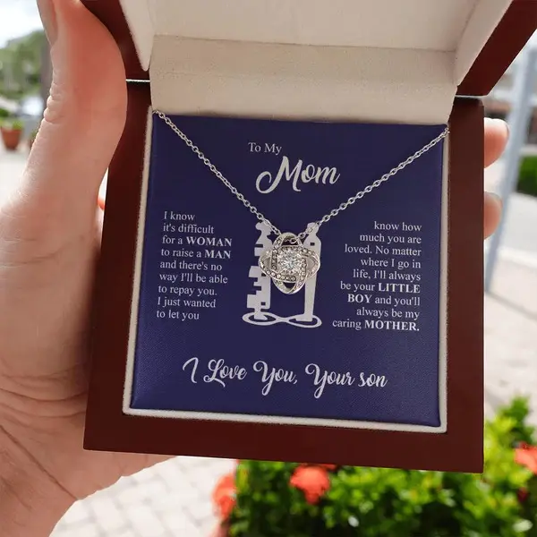 Love Knot Necklace for Mom from Son, White Gold Finish with Cubic Zirconia, Mother's Day Birthday Gift in LED Mahogany Box with Love Lettering Card, Love Lettering Necklace