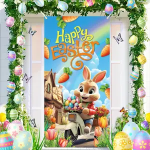 Happy Easter Door Cover, Cute Bunny Carrot Photography Backdrop Colorful Easter Rabbit Egg Door Banner for Easter Front Door Wall Indoor Outdoor Party Decorations