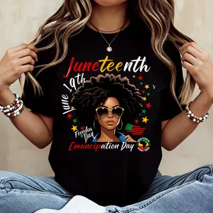 June 19th Juneteenth Freedom Day Emancipation Day Afro Woman With Flag And Stars Print T Shirt Crew Neck Casual Loose Fit For Everyday Wear And Outdoor Activities