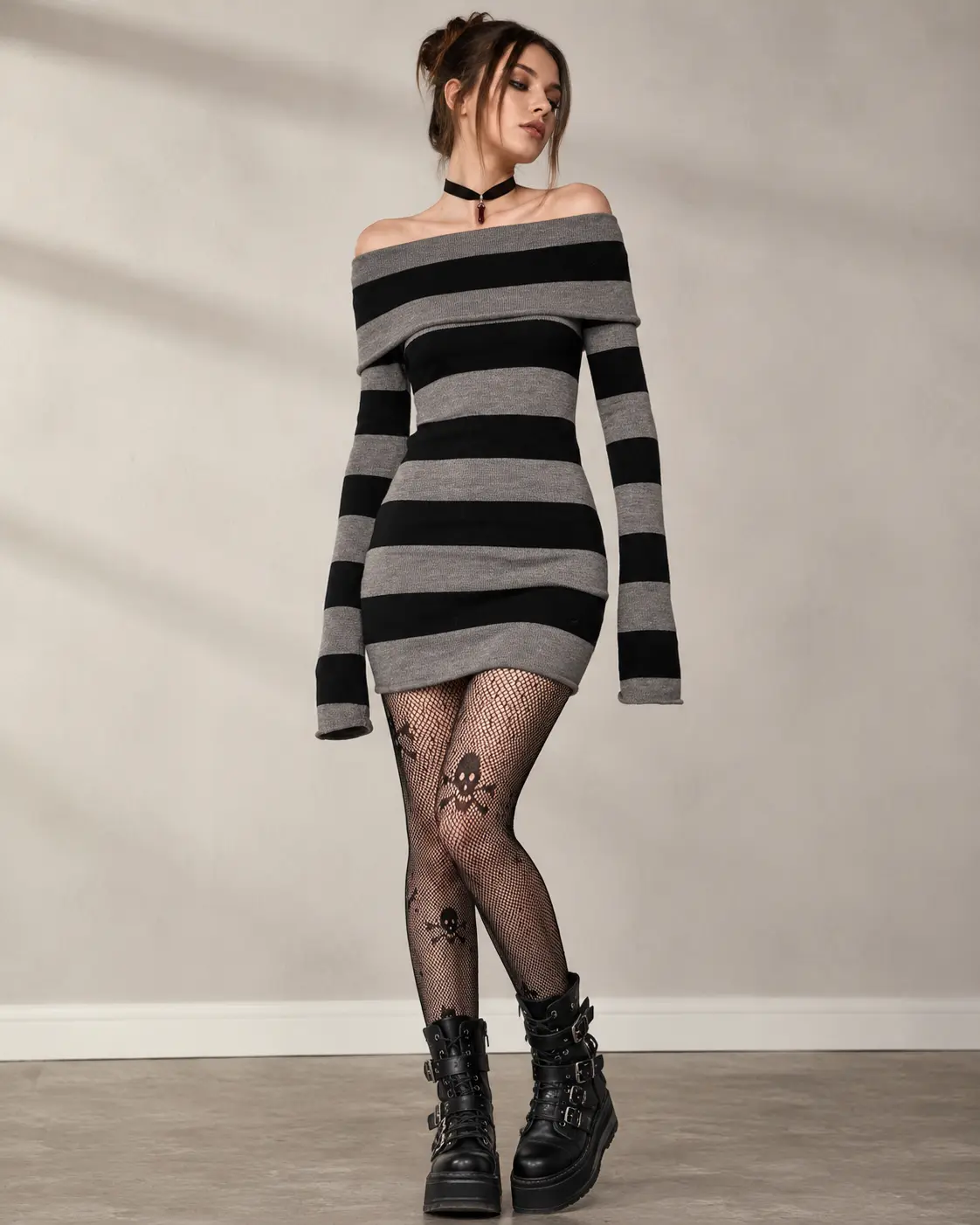 Women Gothic Dress Punk Off Shoulder Striped Knit Dress Y2k Fairy Grunge Dress Halloween Dark Academia Clothes Casual Womenswear Long Sleeve Winter