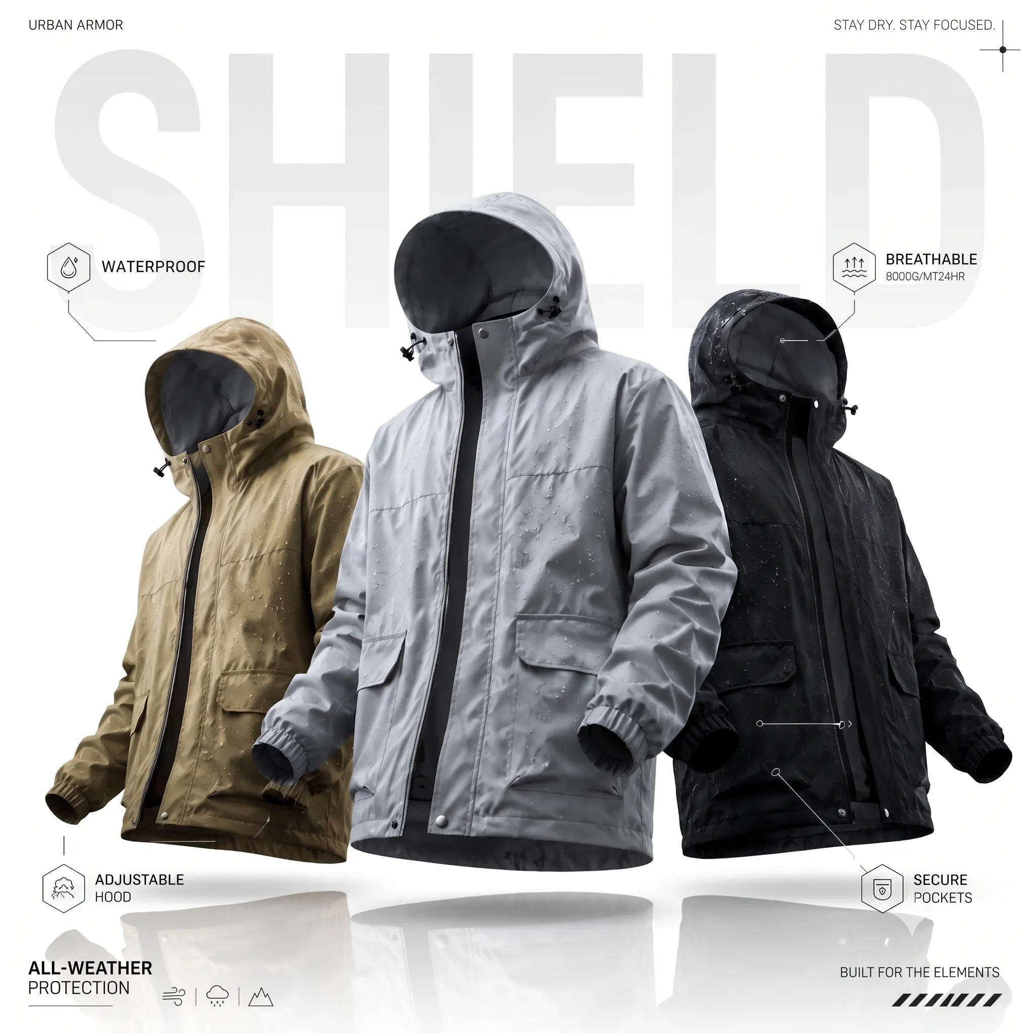 Men’s Hooded Windproof Jacket, 3-Pack – Lightweight, Breathable Outdoor Zip-Up Hardshell Jacket, Stylish Casual Streetwear Outerwear