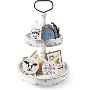 PLL 2 Tiered Tray Stand, Farmhouse Tiered Tray Stand with Metal Handle for Home Kitchen Decor, Wooden Rustic Two Tiered Serving Tray Coffee Table Tray for Holiday, Tray ONLY(Distressed White)