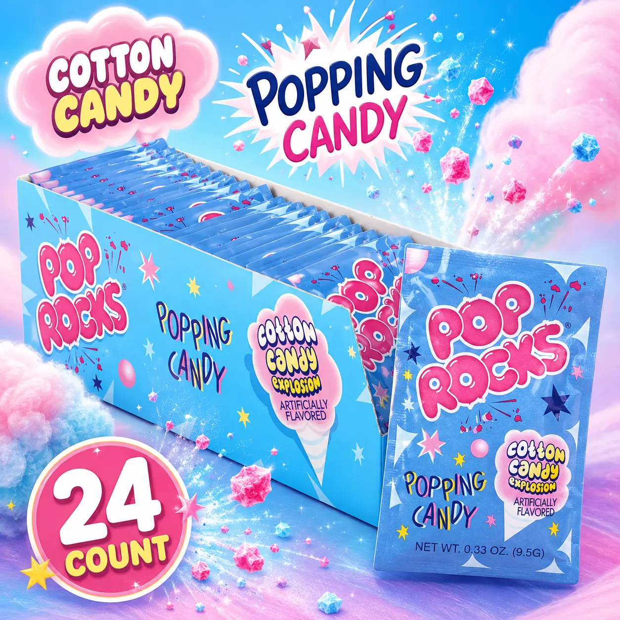 Pop Rocks Cotton Candy Popping Candy 24 Count  Cotton Candy Flavored Crackling Candy | Fun Fizzy Party Treats