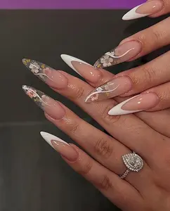 Floral French Tip Press On Nails/Long Almond Fake Nails/Acrylic Nails Press On/Handmade Gel Nails/Bridal，Birthday，Prom Nails/Gift for Her