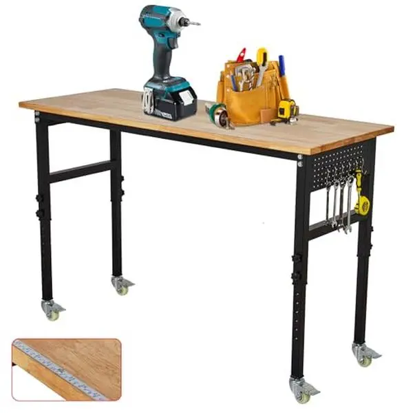 GARVEE 48"X24" Heavy Duty Workbench, 29.5"-39.4" Adjustable Height, Rubber Wood Table with Lockable Wheels & Pegboard for Garage, Workshop, Office - 2200 Lbs Capacity